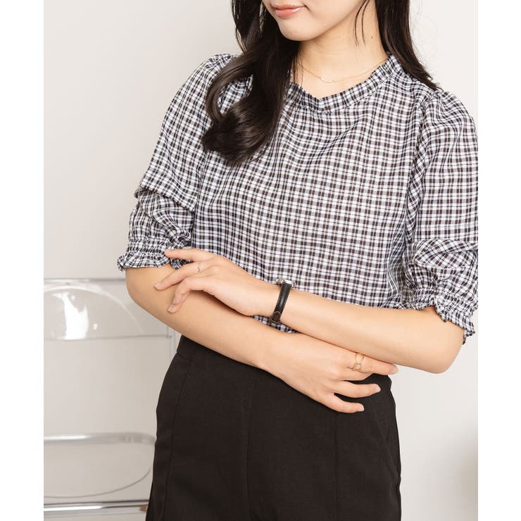 ギンガムチェックシャーリング5分袖ブラウス レディース トップス | SHUSHU | 詳細画像2 