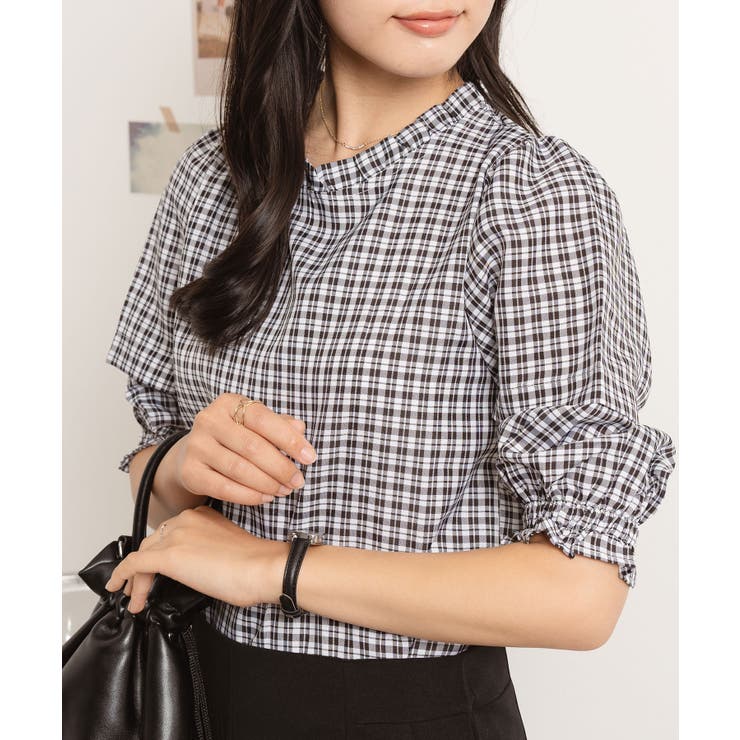 ギンガムチェックシャーリング5分袖ブラウス レディース トップス | SHUSHU | 詳細画像4 