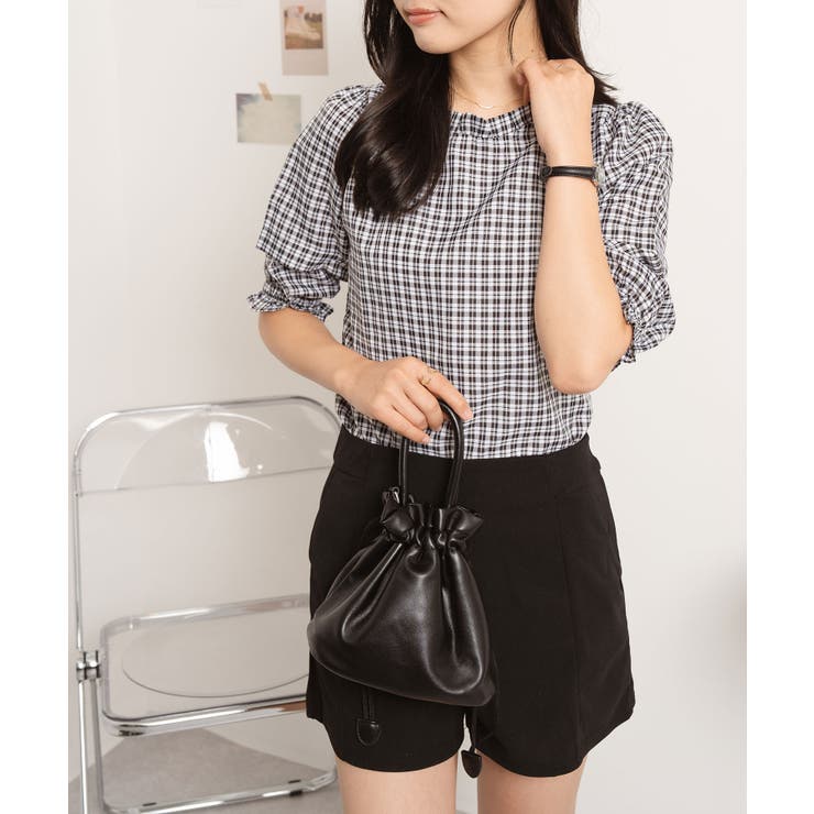 ギンガムチェックシャーリング5分袖ブラウス レディース トップス | SHUSHU | 詳細画像6 