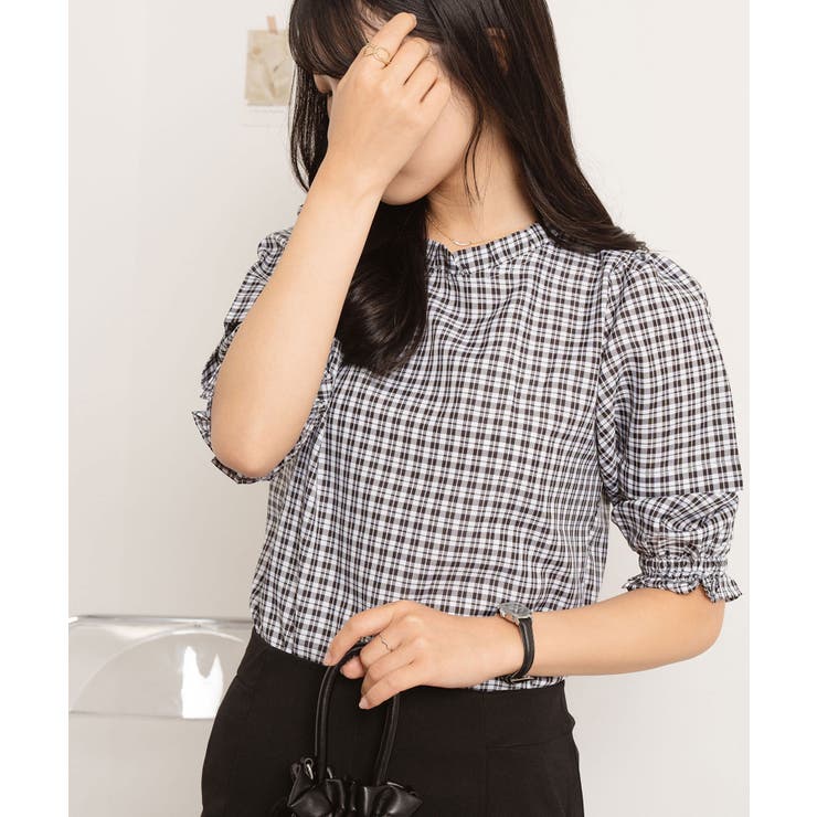 ギンガムチェックシャーリング5分袖ブラウス レディース トップス | SHUSHU | 詳細画像5 