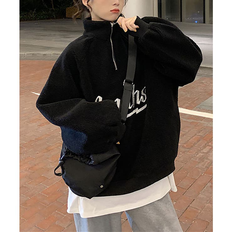 ブラック | ハーフジップハイネックボアプルオーバー 大人可愛いボア カジュアルボア | SHUSHU