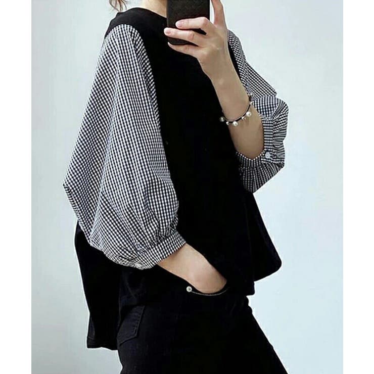 ブラック×ギンガムチェック | レディース 切替七分丈袖 Tシャツ | SHUSHU