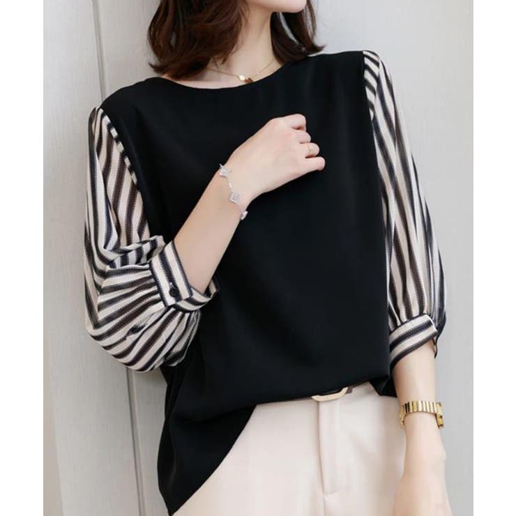 ブラック×ストライプ | レディース 切替七分丈袖 Tシャツ | SHUSHU