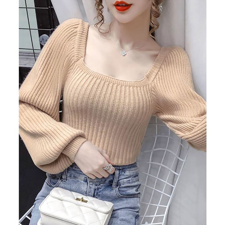 モカ | Uネックバルーンスリーブニット レディース トップス | SHUSHU