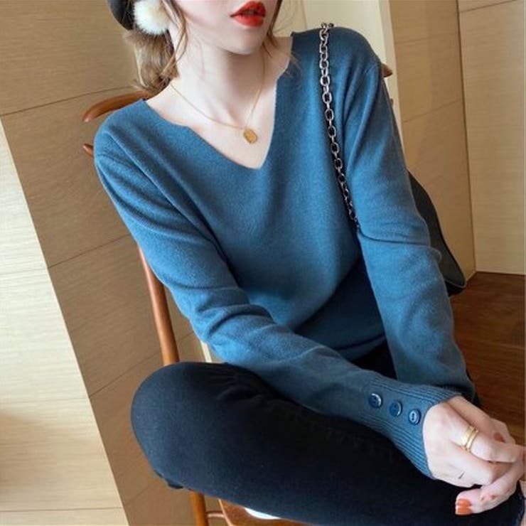 ブルー | Vネックリブニットソー レディース トップス | SHUSHU