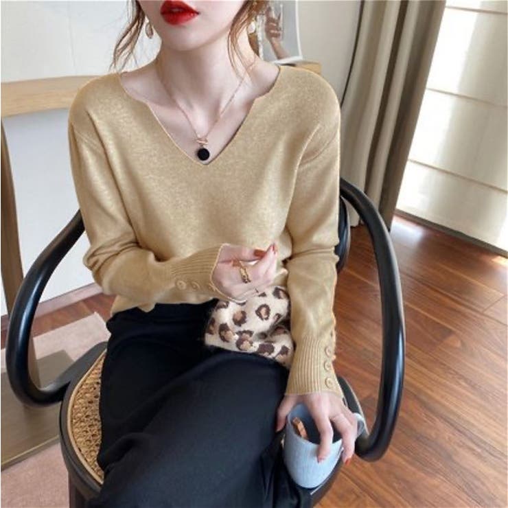 ベージュ | Vネックリブニットソー レディース トップス | SHUSHU
