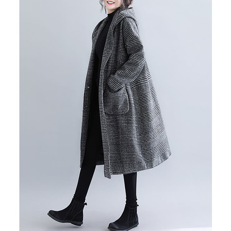 ブラック | フード付き千鳥柄チェスターコート レディース アウター | SHUSHU