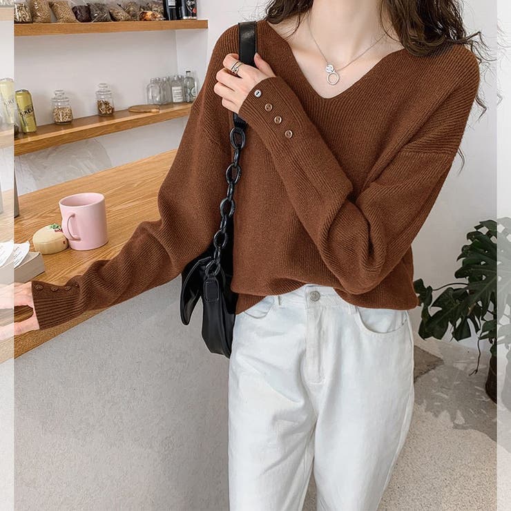 ブラウン | Vネックリブニットソー レディース トップス | SHUSHU