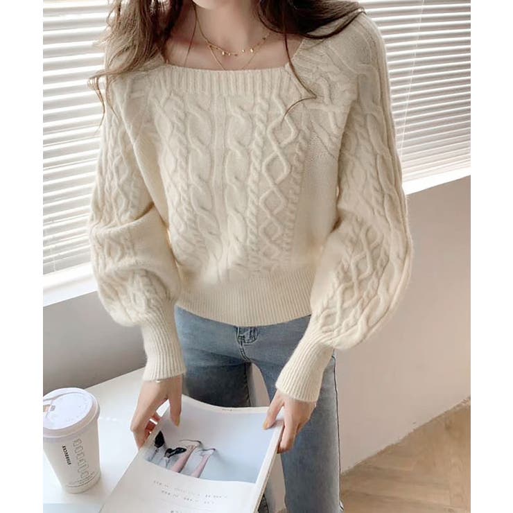 ライトベージュ | スクエアネックケーブルニット レディース セーター | SHUSHU