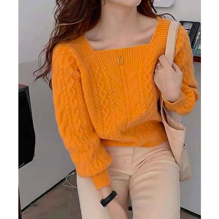 イエロー | スクエアネックケーブルニット レディース セーター | SHUSHU