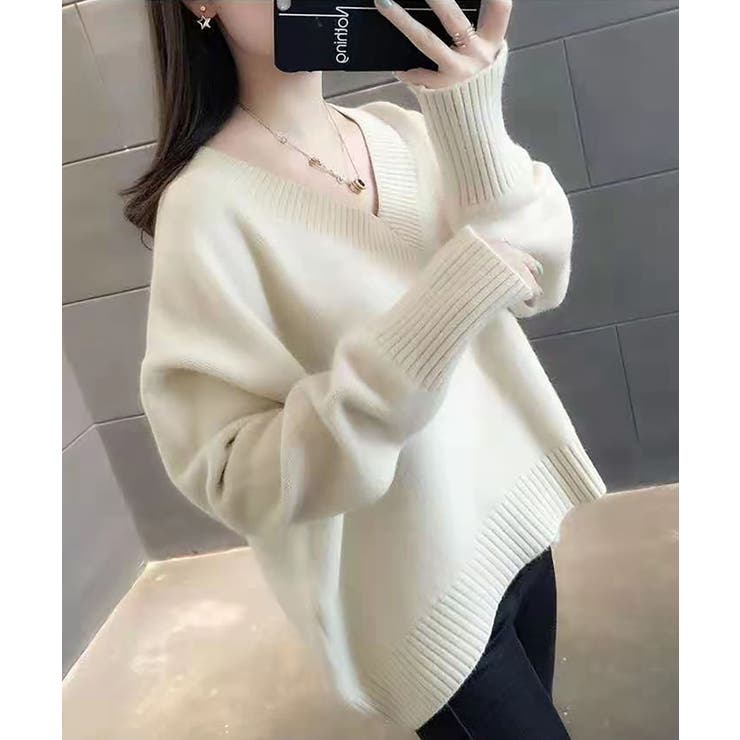 ホワイト | Vネックサイドスリットニット レディース トップス | SHUSHU