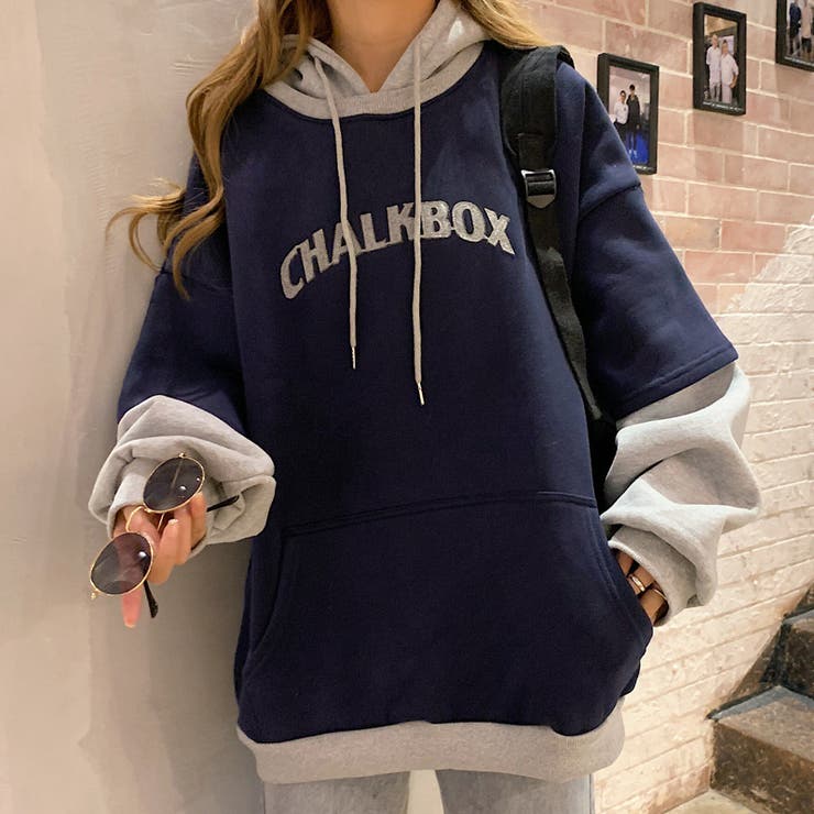 ネイビー | 裏起毛フェイクレイヤードプルパーカー レディース トップス | SHUSHU