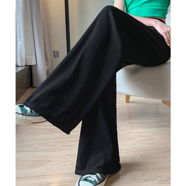 ブラック | セミワイドパンツ プリーツパンツ 美脚 | SHUSHU