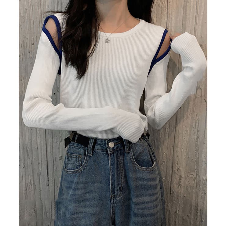 ホワイト | リブニットトップス レディース 肩開き | SHUSHU