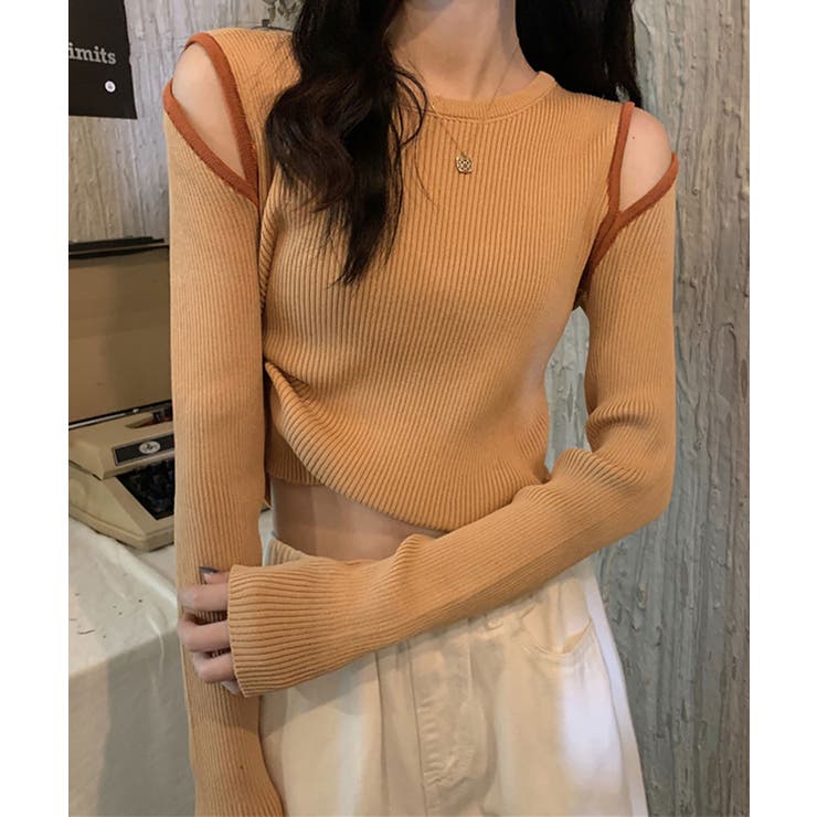 キャメル | リブニットトップス レディース 肩開き | SHUSHU