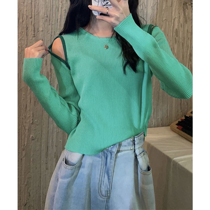 グリーン | リブニットトップス レディース 肩開き | SHUSHU