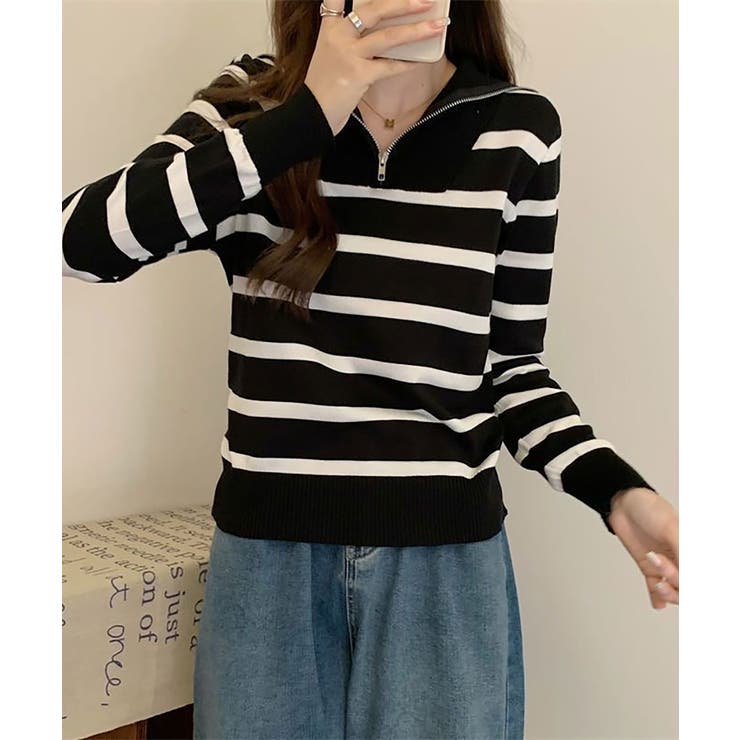 ハーフジップボーダー ニットプルオーバー 大人カジュアル | SHUSHU | 詳細画像3 