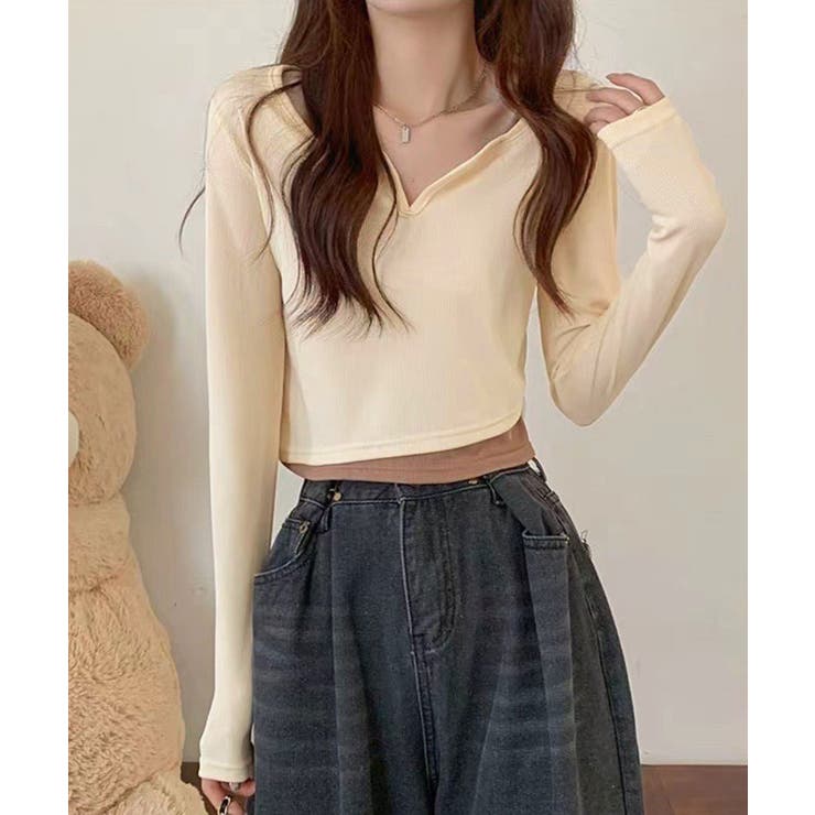 ベージュ | ショート丈トップス キーネック Tシャツ | SHUSHU