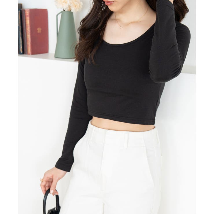 ブラック | クロップド丈長袖カットソー レディース トップス | SHUSHU
