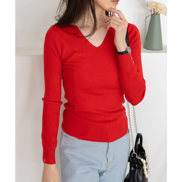 レッド | Vネックニット レディース トップス | SHUSHU