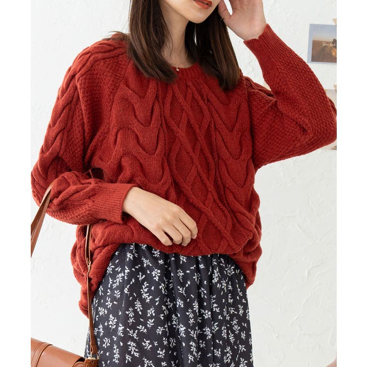 レッド | ケーブル編み ニット レディース | SHUSHU