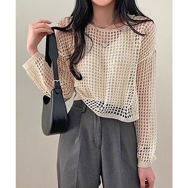 ホワイト | シアーカギ編みニット | SHUSHU