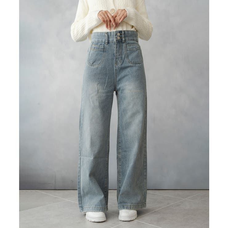 ライトブルー | ダブルボタン ワイド デニム パンツ | SHUSHU