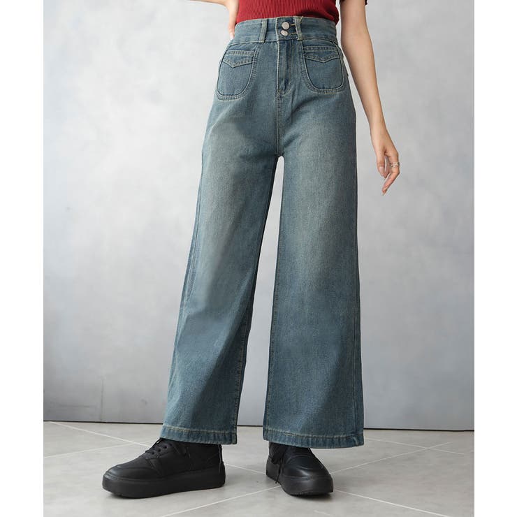 インディゴブルー | ダブルボタン ワイド デニム パンツ | SHUSHU