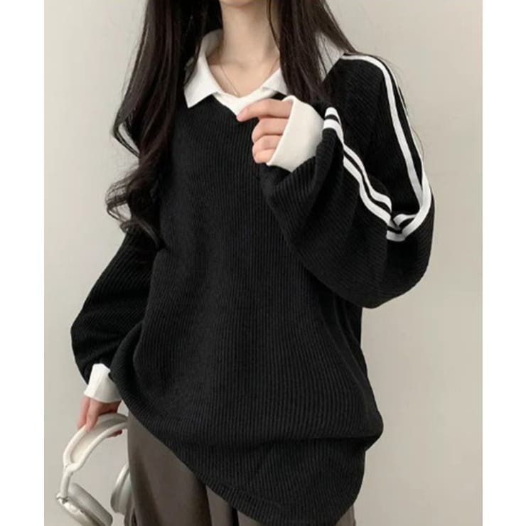 ブラック | ポロ襟 ライン入り ワッフル カットソー | SHUSHU