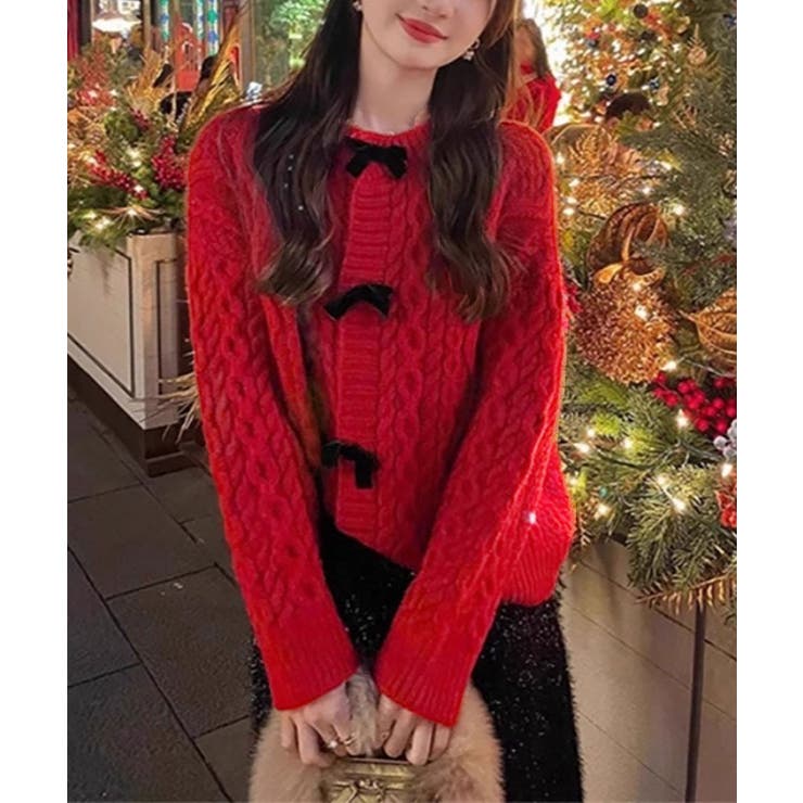 レッド | ケーブル編み リボン ニット カーディガン | SHUSHU