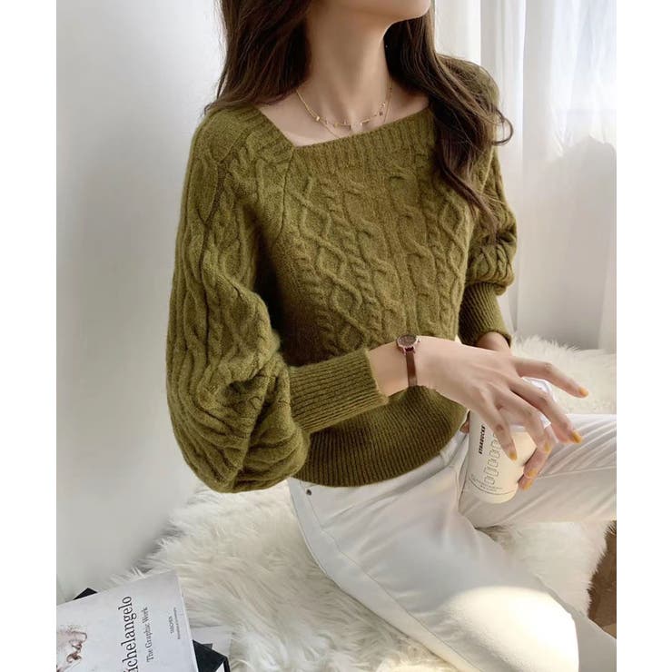 オリーブ | スクエアネックケーブルニット レディース セーター | SHUSHU