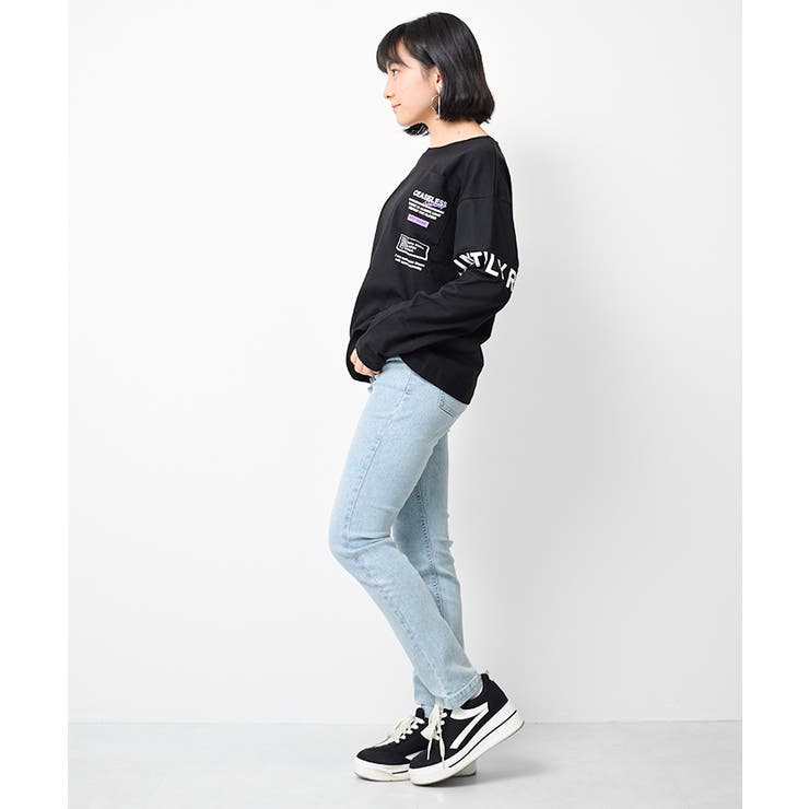 袖メッシュ切り替えロングTシャツ トップス ロンT[品番