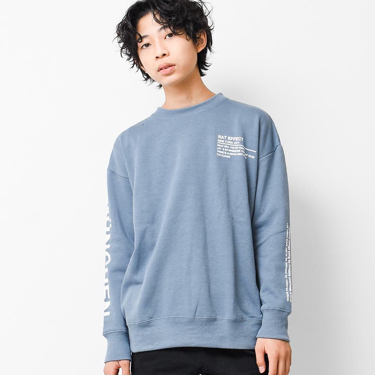 ブルー | 裏起毛袖プリントビッグトレーナー スウェット 長袖 | 子ども服 SHUSHU