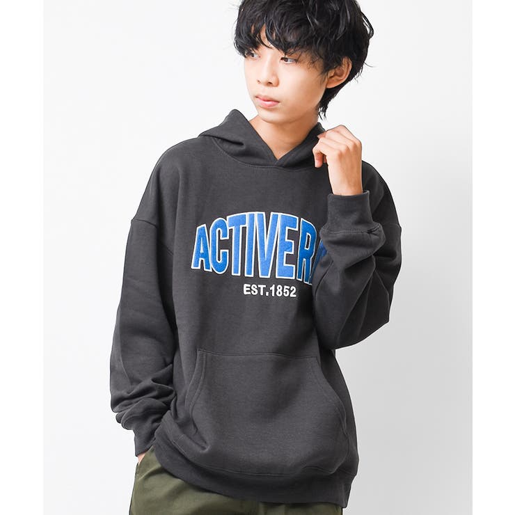 チャコール | 裏起毛ロゴアップリケ刺繍フーディー パーカー スウェット | 子ども服 SHUSHU