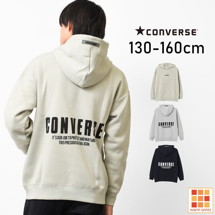 エッセンシャルズ（M）白/フード/長袖/厚手/バックプリント/パーカー/裏起毛 CONVERSE 別注裏起毛バックプリントフーディー パーカー[品番