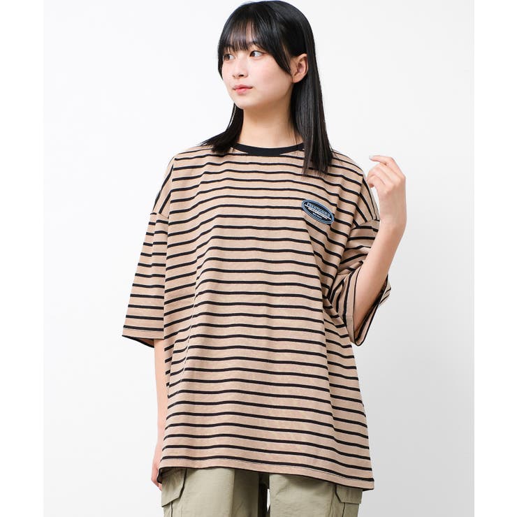 ベージュ | ビッグボーダーハーフスリーブTシャツ トップス ロンT | 子ども服 SHUSHU