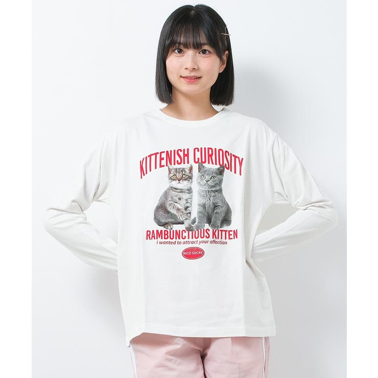 オフホワイト | 猫転写プリントロングTシャツ トップス ロンT | 子ども服 SHUSHU