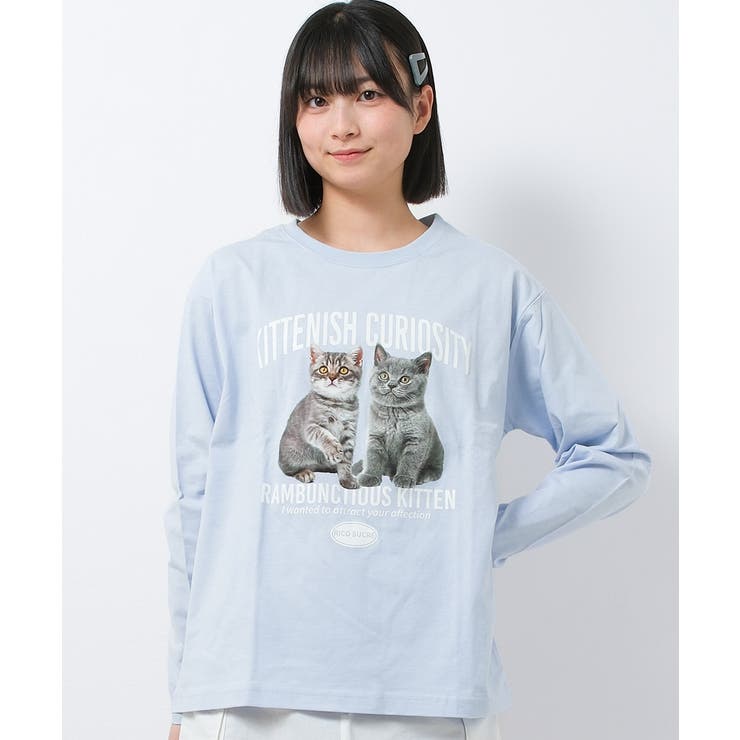 サックスブルー | 猫転写プリントロングTシャツ トップス ロンT | 子ども服 SHUSHU