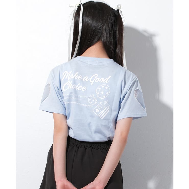 サックスブルー | 袖ハートオーガンジー刺繍Tシャツ トップス 半袖 | 子ども服 SHUSHU