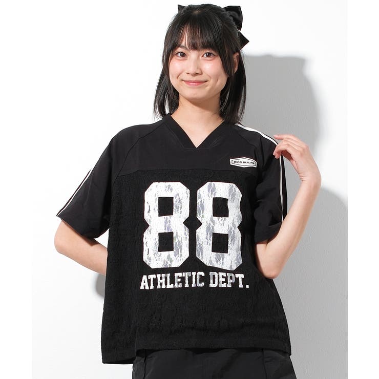 ブラック | レースナンバリングTシャツ トップス 半袖 | 子ども服 SHUSHU