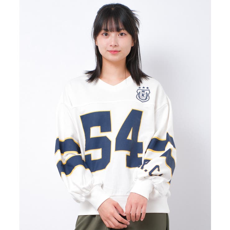 オフホワイト | Vネック袖ラインナンバリングプルオーバー トレーナー 裏毛 | 子ども服 SHUSHU