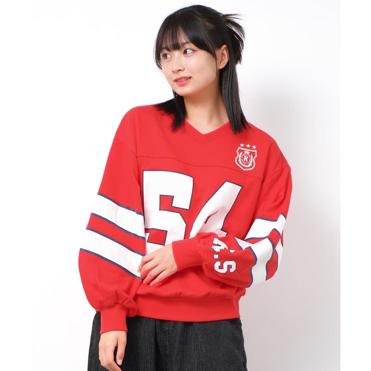 レッド | Vネック袖ラインナンバリングプルオーバー トレーナー 裏毛 | 子ども服 SHUSHU