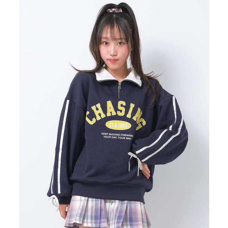 ネイビー | 裏起毛ハーフジップ袖ラインリボンプルオーバー あったか 子供服 | 子ども服 SHUSHU