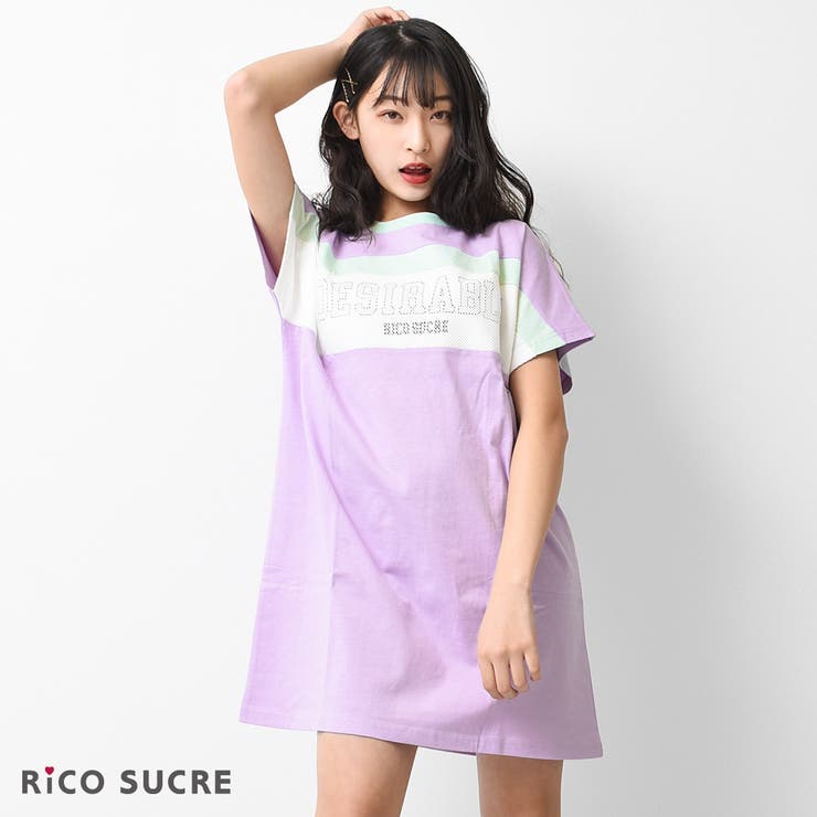 ブロッキングTシャツワンピース トップス 半袖[品番：SHUK0001205