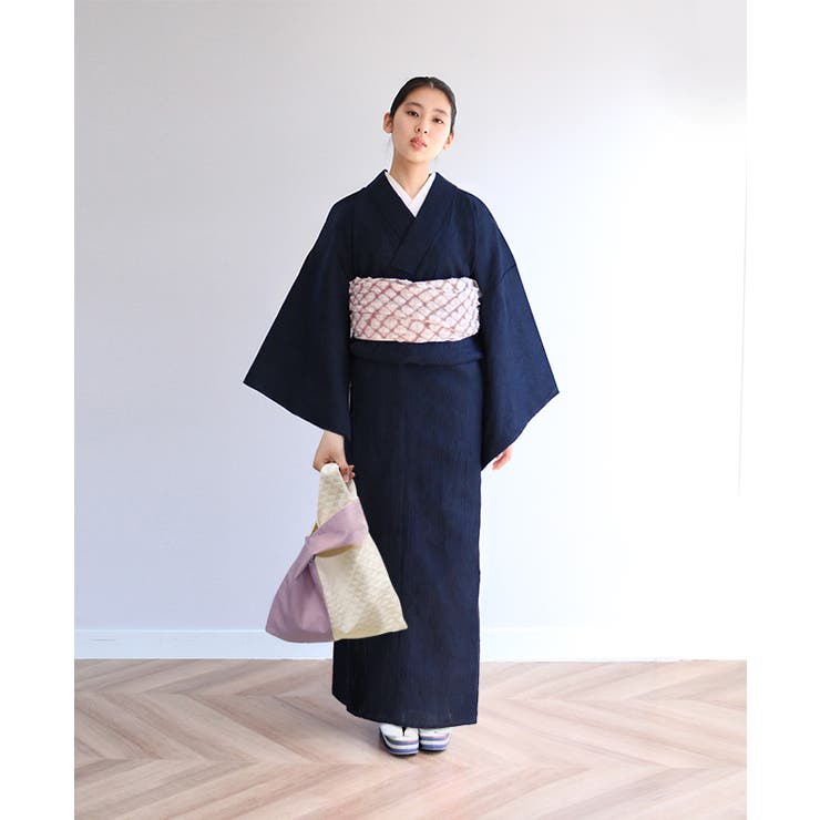 近江ちぢみ 本麻浴衣3点セット 水色ぼかし格子（浴衣）｜utatane