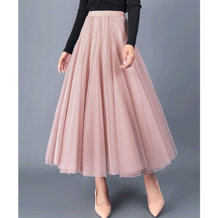 ボリュームチュールフレアロングスカート ボトムス チュール