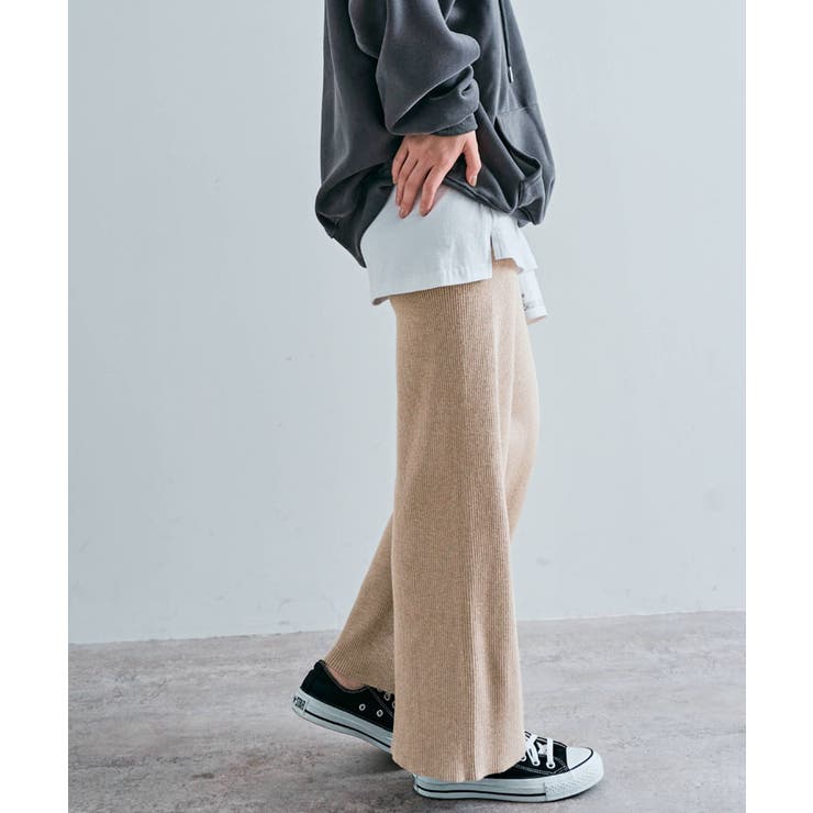 リブニットセミワイドパンツ 2サイズ ゆったり[品番