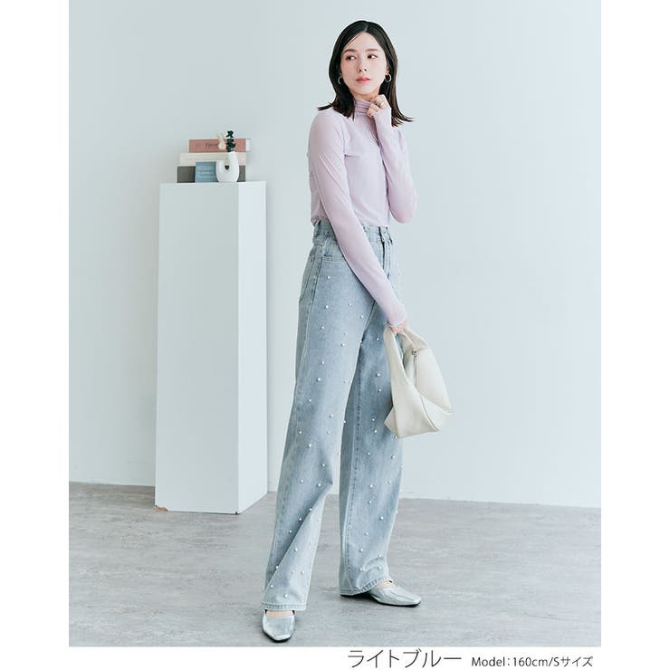 【良好品】 ハイウエストパールセミワイドデニム ボトムス デニムパンツ パンツ
