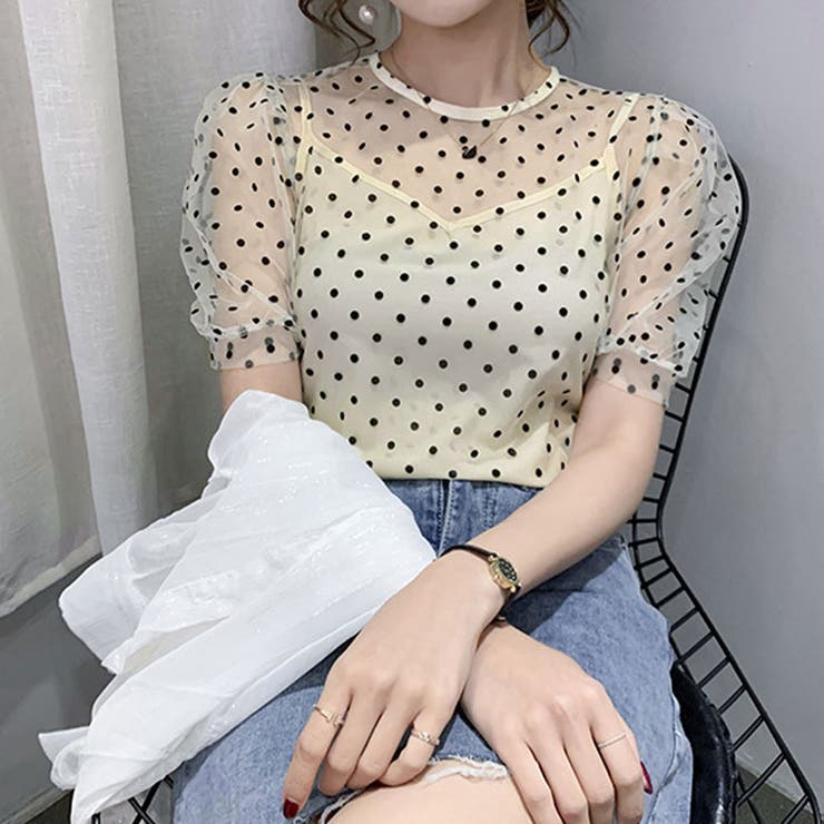 【激安通販 オンラインショップ】 シアードットキャミ付き半袖ブラウス レイヤードトップス トップス