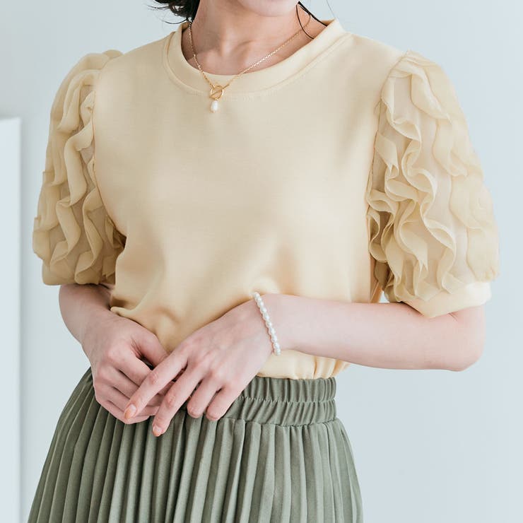 シフォンフリルスリーブ切り替えトップス 2サイズ シアートップス[品番 